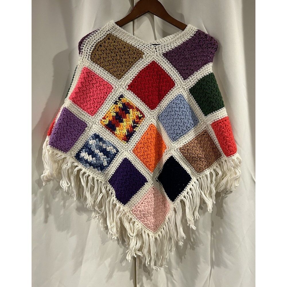 Handmade Crocheted Colorful Granny Square Hand‎ Knit Afghan Poncho